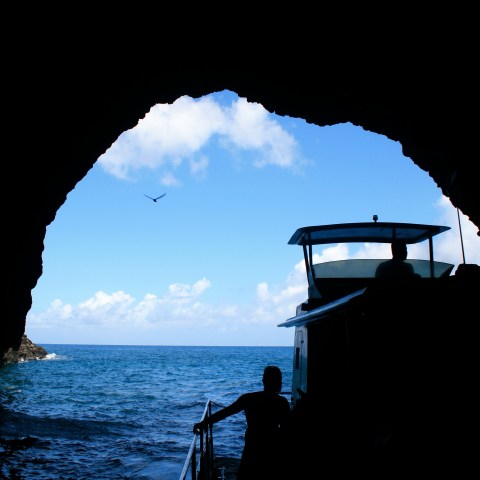 The boat exiting a cave
